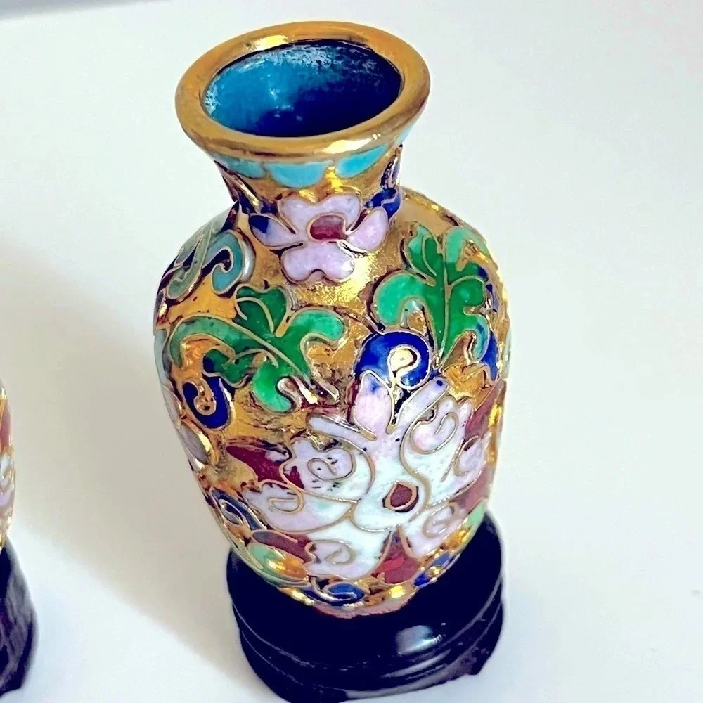 Vintage Cloisonne Style Mini Vases Bases Gold Tone Floral Decorative Collectible - Picture 5 of 11